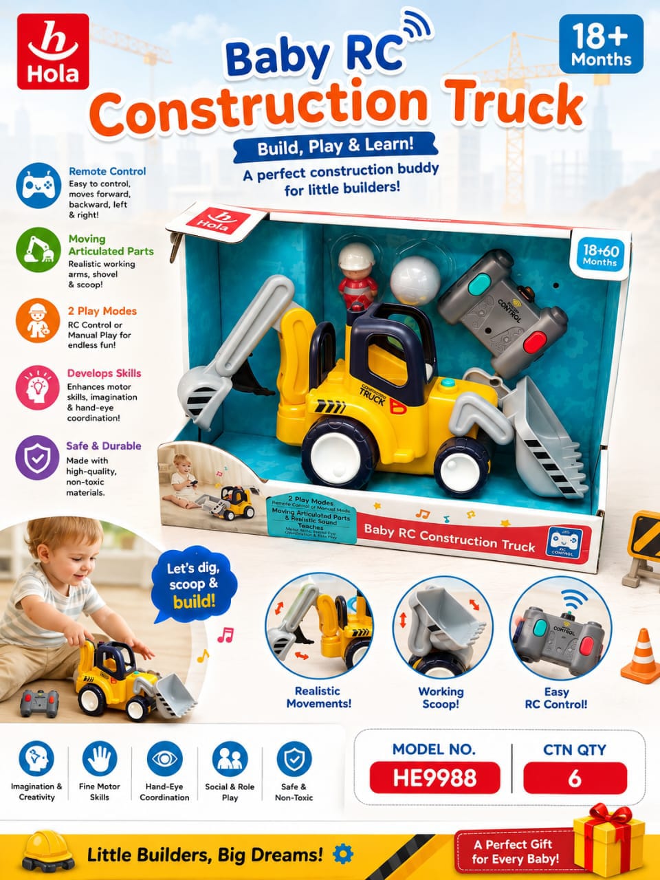 Hola Baby RC Construction Truck 18 Months+ – 2-Mode Remote Control Excavator Toy with Working Scoop