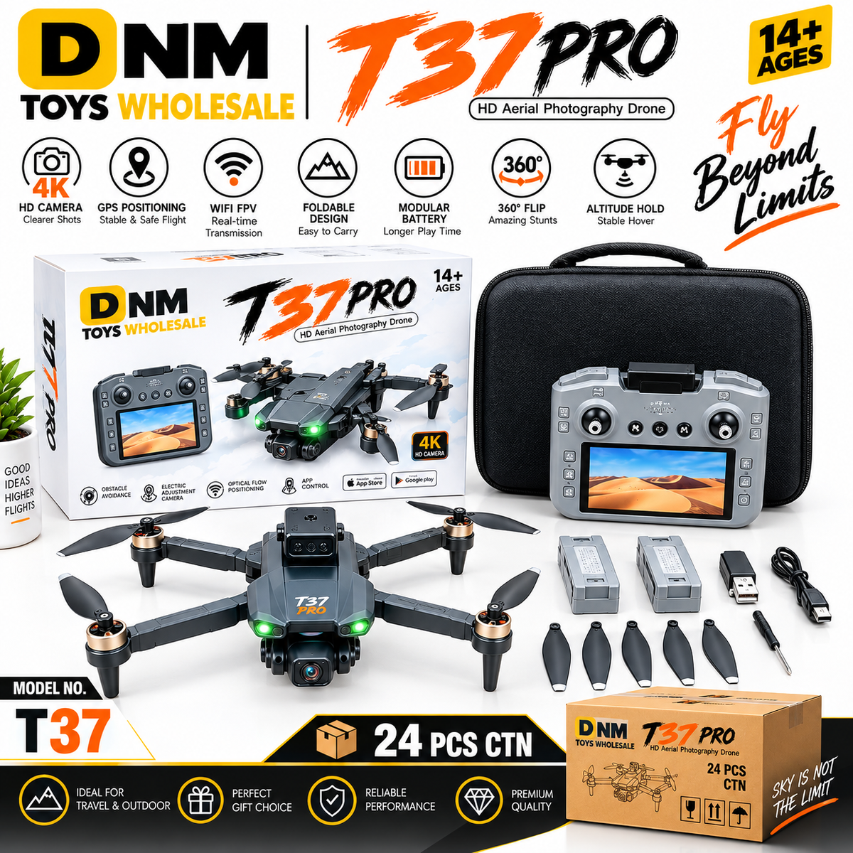 T37-PRO-DRONE-4K - T37 Pro 4K HD Camera Drone with WiFi FPV, Obstacle Avoidance & Foldable Design