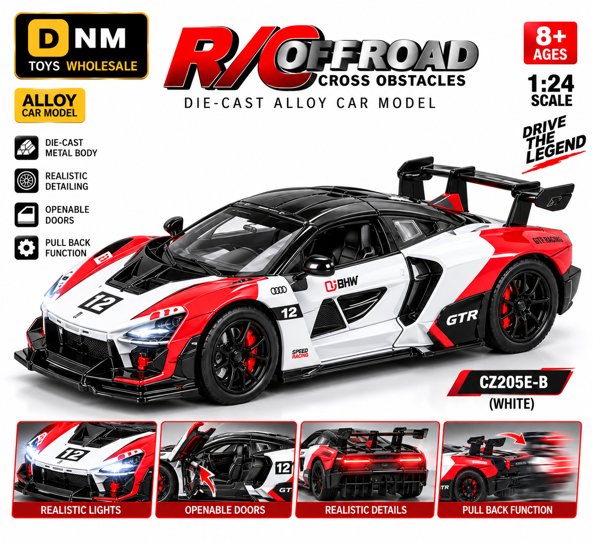 CZ205E-B WHITE 1:24 Scale White GTR Die-Cast Alloy Model Car | Pull Back & Openable Doors