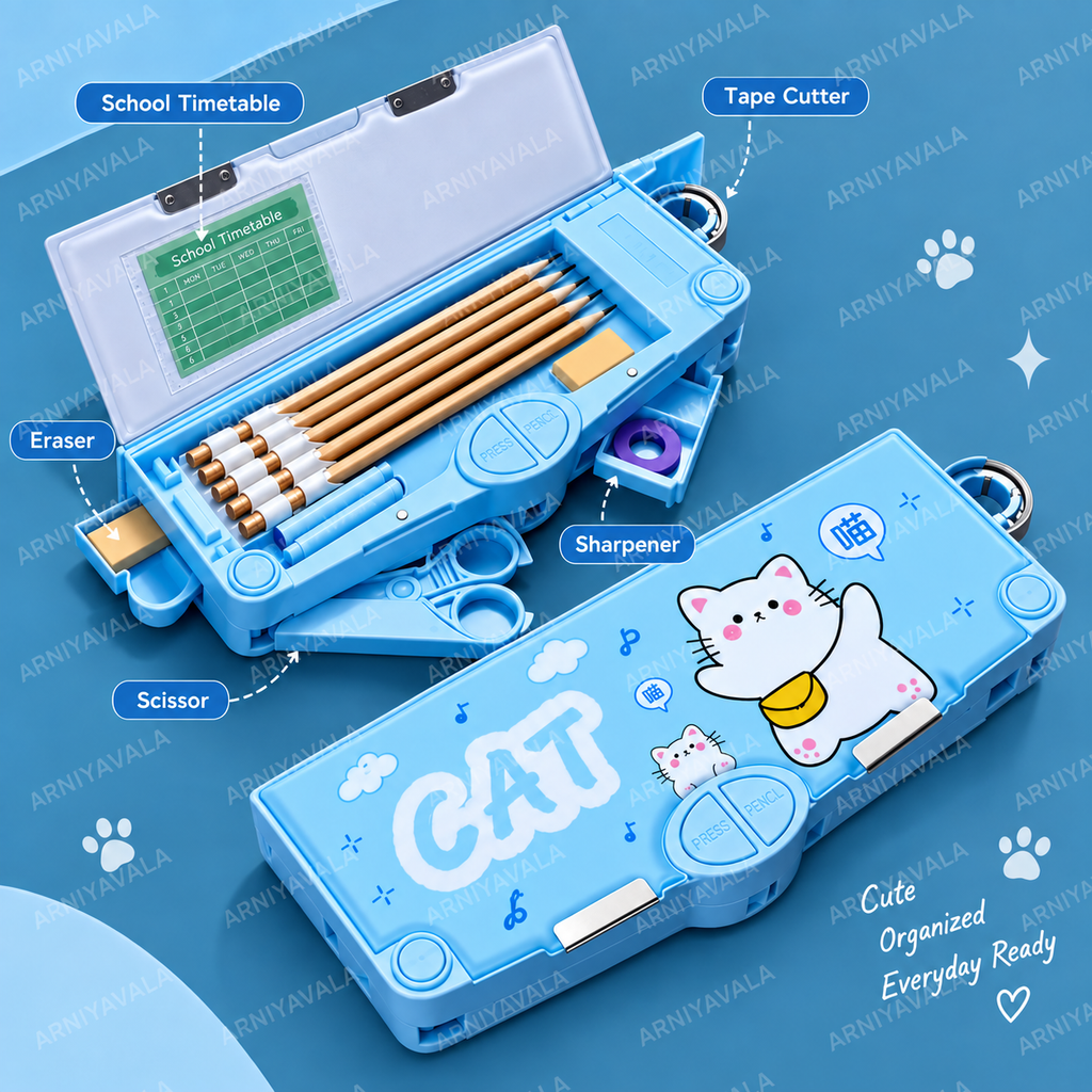 Cat Sky Blue Multifunction Pencil Box with Button Storage, Built-in Sharpener & Spacious Stationery Organizer for Kids