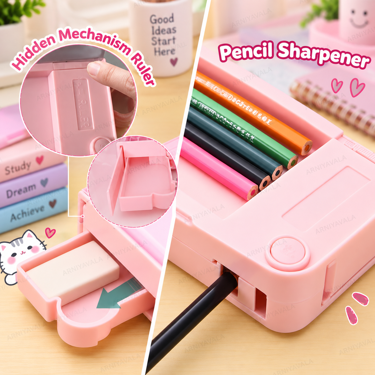 Unicorn Pencil Box for Girls & Kids, Dual-Sided Multifunctional Pop Up Pencil Case with Magnetic Lock, Built-in Sharpener, Scissor & Eraser Compartments, Pen & Pencil Holder