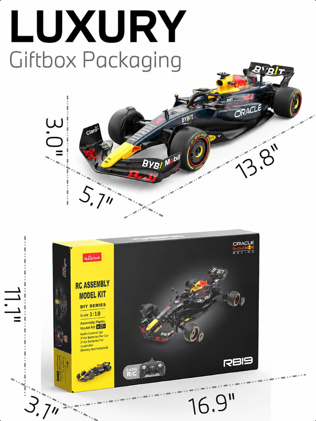 Rastar Oracle Red Bull Racing RB19 1:18 Scale RC Assembly Model Kit | DIY Plastic Formula 1 Racing Car with 2.4GHz Remote Control | F1 Model Car for Collection & Display